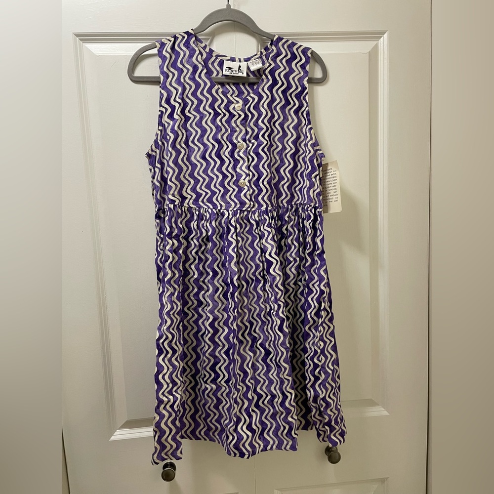 NWT Women’s Large Hand Batik Purple and White Sleeveless, Button Front Dress